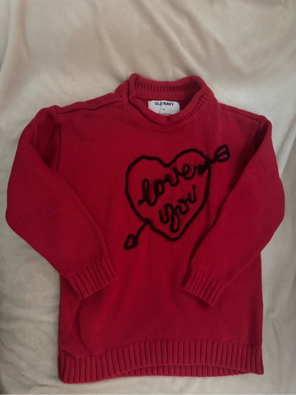 Old Navy Red Crewneck Sweater with Black Heart Script